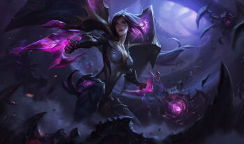 1girl armor attack blood blurry blurry_background bodysuit breasts chengwei_pan cleavage clenched_hands collarbone covered_navel detached_wings energy_beam facial_mark facial_tattoo feet_out_of_frame fighting fighting_stance floating_hair forehead_mark forehead_tattoo highres kai'sa league_of_legends light lightning liquid long_hair looking_to_the_side magic medium_breasts monster multicolored_bodysuit official_art outdoors outstretched_arms parted_lips plunging_neckline purple_blood purple_bodysuit purple_eyes purple_hair serious shoulder_armor skin_tight solo tattoo thighs underground weapon whisker_markings wings