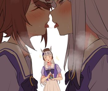 3girls animal_ears blush body_heat breasts brown_hair brown_hat closed_eyes collarbone female_focus flat_chest french_kiss gold_ship_(umamusume) grey_hair hat highres horse_ears horse_girl kiss large_breasts long_hair medium_skirt mejiro_mcqueen_(umamusume) multicolored_hair multiple_girls neckerchief open_mouth pink_eyes pleated_skirt purple_eyes purple_hair purple_neckerchief purple_sailor_collar purple_serafuku rubik's_cube sailor_collar saliva saliva_trail serafuku sexually_suggestive short_sleeves skirt small_breasts smoke sparkle streaked_hair sweat sweatdrop teeth tokai_teio_(umamusume) tongue tongue_out tracen_school_uniform two-tone_hair umamusume upper_teeth_only white_skirt white_streaks yuha6666 yuri