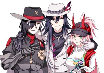 1girl 2boys absurdres aqua_streaks ashveil_(honkai:_star_rail) baseball_cap black_eyes black_hair black_streaks boothill_(honkai:_star_rail) cheek_poking commentary_request cowboy_hat crop_top cyborg fake_horns fedora fishnets gloves gradient_hair green_eyes grey_eyes hat hat_ornament highres honkai:_star_rail honkai_(series) horns jacket jewelry korean_commentary long_hair mole mole_under_eye multicolored_hair multiple_boys necklace open_clothes open_jacket pink_hair poking ppyukiab rappa_(honkai:_star_rail) sharp_teeth shirt smile teeth turtleneck v white_hair white_streaks zipper