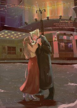 1boy 1girl aerith_gainsborough anothingvv arm_around_shoulder artist_name black_coat black_pants black_shoes blonde_hair blush braid brown_hair brown_jacket christmas christmas_lights closed_mouth cloud_strife coat cobblestone couple dancing dress final_fantasy final_fantasy_vii final_fantasy_vii_remake full_body grey_shoes hair_ribbon half_updo hetero high_heels holding_hands jacket lamppost long_coat long_dress long_hair looking_at_another open_mouth pants parted_bangs pumps red_dress red_ribbon ribbon road shoes short_hair sidelocks single_braid smile spiked_hair street