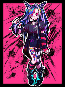 Rule 34 | 1girl, alternate costume, alternate hairstyle, asymmetrical legwear, black boots, black border, black choker, black hair, black nails, black shirt, black skirt, blue hair, boots, border, choker, commentary request, danganronpa (series), danganronpa 2: goodbye despair, ear piercing, elbow gloves, eyelashes, face piercing, fingerless gloves, full body, gloves, hair horns, haiyang shengwu, highres, holding, holding own hair, long hair, mioda ibuki, mismatched legwear, mouth piercing, multicolored hair, nail polish, outline, piercing, pink background, pink hair, shirt, skirt, solo, striped clothes, striped gloves, twintails, two-tone gloves, white hair, white outline