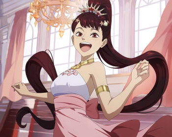 1girl absurdres armlet armpits bare_shoulders black_clover black_clover_m:_rise_of_the_wizard_king blush brown_eyes brown_hair chandelier curtains gold_armlet hair_ornament high_ponytail highres indoors jewelry kahono long_hair looking_at_viewer non-web_source official_alternate_costume official_art open_mouth pink_skirt ponytail shell shell_hair_ornament shirt skirt sleeveless sleeveless_shirt solo teeth upper_teeth_only very_long_hair white_shirt window