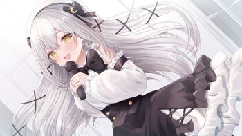1girl :d beret black_bow black_bowtie blush bow bowtie commentary_request commission crescent crescent_earrings crescent_hair_ornament cross-laced_clothes cross-laced_skirt detached_sleeves dot_nose dutch_angle earrings frilled_skirt frilled_sleeves frills grey_hair hair_ornament hat holding holding_microphone indie_virtual_youtuber jewelry kurage_cc layered_skirt long_hair long_sleeves looking_at_viewer microphone nui_lunaveil open_mouth puffy_long_sleeves puffy_sleeves shirt skeb_commission skirt sleeveless sleeveless_shirt smile solo standing very_long_hair virtual_youtuber white_hair white_hat white_shirt white_sleeves x_hair_ornament yellow_eyes