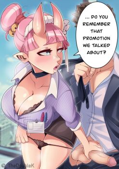 1boy 1girl alternate_costume artist_name black_bra black_panties black_skirt blue_eyes blue_necktie blush bra breasts cleavage clothes_pull cowboy_shot demon_girl english_text hair_bun hairband handjob hetero highres holding holding_necktie holding_unworn_clothes horns indie_virtual_youtuber large_breasts leaning_forward lips lipstick looking_at_another looking_back makeup muse_ts naughty_face necktie necktie_around_neck office_lady oni oni_horns open_mouth panties pants pants_pull panty_pull pencil_skirt penis pink_eyes pink_hair pink_lips pointy_ears purple_shirt shirt short_hair short_sleeves skirt solo_focus speech_bubble standing star-shaped_pupils star_(symbol) striped_clothes striped_shirt symbol-shaped_pupils talking teeth testicles the_doublek thick_eyebrows thighs uncensored underwear undressing vertical_stripes virtual_youtuber white_hairband white_shirt