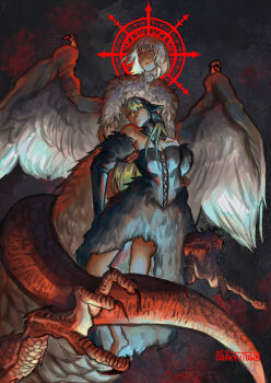 2girls artist_name barefoot black_dress black_sleeves black_veil blonde_hair blood blood_on_face blood_on_shoulder body_fur breasts centauroid chimera claws cleavage collarbone commentary cross-laced_clothes cross-laced_dress dark_background detached_sleeves dragon_tail drakyutown dress dungeon_meshi ear_covers elf english_commentary falin_touden falin_touden_(chimera) feathered_wings feathers fur-trimmed_sleeves fur_trim half-closed_eyes highres lifting_person long_hair looking_to_the_side magic_circle marcille_donato marcille_donato_(lord) medium_breasts medium_hair multiple_girls parted_lips pointy_ears red_eyes red_scales spread_wings tail taur veil very_long_hair white_feathers white_wings wings yuri