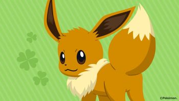 :3 animal_focus artist_request brown_eyes closed_mouth clover commentary_request copyright_name copyright_notice eevee flat_color four-leaf_clover gen_1_pokemon green_background highres looking_back nintendo no_humans official_art pokemon pokemon_(creature) pokemon_focus second-party_source smile solo