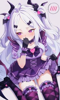 1girl ahoge alternate_costume averting_eyes black_gloves black_shoes blue_archive bow breasts choker clothes_lift collarbone covering_own_mouth demon_girl demon_horns demon_wings embarrassed frilled_choker frilled_gloves frilled_sleeves frilled_thigh_strap frills gloves hair_bow hand_over_own_mouth hand_up highres hina_(blue_archive) horns karaage_(xxxmido02) lifting_own_clothes loli long_hair low_wings magical_girl multiple_horns no_halo on_ground parted_bangs purple_bow purple_eyes purple_thighhighs shoes short_sleeves simple_background sitting skirt skirt_lift slit_pupils small_breasts solo spoken_blush sweatdrop thigh_strap thighhighs thighs twintails very_long_hair wariza white_background white_hair wings zettai_ryouiki