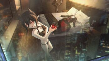 1girl absurdres alcohol arknights ascot bare_arms bare_legs bare_shoulders barefoot bed black_bra black_dress black_hair black_panties black_tailcoat bottle bra breasts cleavage closed_mouth collarbone cup dress drinking_glass entelechia_(arknights) eyelashes from_above from_outside hair_between_eyes hair_horns highres holding holding_cup indoors lace lace_bra looking_outside medium_breasts mrsillust panties pillow pointy_ears red_eyes red_wine reflection short_hair sidelocks smile solo standing television underwear unworn_clothes white_ascot window wine wine_bottle wine_glass