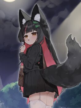 1girl abb_q animal_ear_fluff animal_ears bag black_hair black_necktie black_sailor_collar black_serafuku black_shirt black_skirt brown_bag colored_inner_hair commentary_request commission fox_ears fox_girl fox_tail garter_straps hair_ornament hairclip highres hino_hinoki indie_virtual_youtuber long_hair long_sleeves multicolored_hair necktie open_mouth panties pantyshot pink_hair pleated_skirt sailor_collar school_uniform second-party_source serafuku shirt shoulder_bag skeb_commission skindentation skirt smile solo tail thighhighs two-tone_hair underwear upskirt very_long_hair virtual_youtuber white_garter_straps white_panties white_thighhighs yellow_eyes