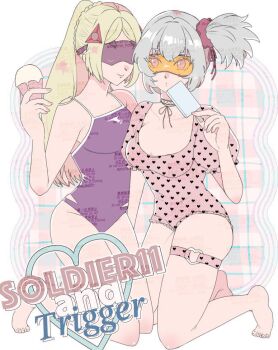 2girls alternate_costume barefoot blindfold blonde_hair closed_mouth feet fingernails food fujishima_(oimo_uma2) full_body goggles hair_between_eyes heart holding holding_food holding_ice_cream ice_cream long_hair looking_at_another multiple_girls ponytail side_ponytail sidelocks smile soldier_11_(zenless_zone_zero) trigger_(zenless_zone_zero) white_hair yuri zenless_zone_zero