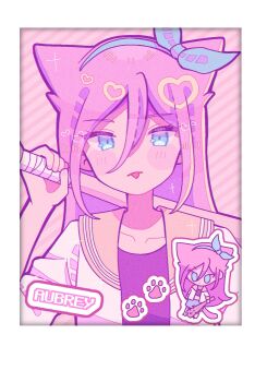 Rule 34 | 1girl, animal ears, aubrey (faraway) (omori), aubrey (omori), baseball bat, blue eyes, blue hairband, blush, cat ears, cat girl, cat tail, character name, chibi, closed mouth, collarbone, double-parted bangs, hair between eyes, hairband, hand up, highres, holding, holding baseball bat, jacket, kemonomimi mode, long hair, looking at viewer, omori, pink hair, sidelocks, solo, tail, tongue, tongue out, upper body, white jacket, yo (wetpotatosunsun)