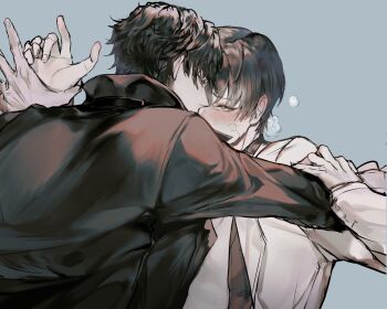 2boys black_coat black_eyes black_hair blush breath coat highres holding_hands kim_dokja kiss kyou_tayaoi looking_at_another male_focus multiple_boys omniscient_reader&#039;s_viewpoint open_clothes open_coat popped_collar short_hair white_coat yaoi yoo_joonghyuk