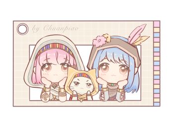 2girls :3 animal arm_cutout artist_name beads blue_hair bracelet brown_eyes brown_headband brown_poncho brown_vest cape cat chibi chinese_commentary choker chunpiao cloak closed_mouth clothed_animal clothing_cutout commentary_request cross-laced_clothes cross-laced_sleeves ear_covers flower fringe_trim gold_bracelet gold_choker grey_shirt hair_beads hair_ornament hands_on_own_cheeks hands_on_own_face happy hat hat_feather hat_flower headband highres hood hood_up hooded_cloak infinity_nikki jewelry light_blush long_hair long_sleeves looking_at_viewer momo_(nikki) multicolored_headband multiple_bracelets multiple_girls nikki_(nikki) nikki_(series) official_alternate_costume pink_flower pink_hair procreate_(medium) puffy_long_sleeves puffy_sleeves red_cape shining_nikki shirt short_hair smile straight-on stylist_(nikki) tareme ticket v-shaped_eyebrows vest white_background white_cat white_cloak white_shirt yellow_cloak yellow_flower