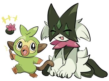 1other :3 ^_^ claws closed_eyes commentary_request digitigrade fangs furry gen_8_pokemon green_fur grookey highres holding holding_stick korean_commentary mask meowscarada monkey nintendo o_o_(pixiv_91006494) open_mouth pokemon pokemon_(creature) rearing simple_background sitting smile stick tail white_background