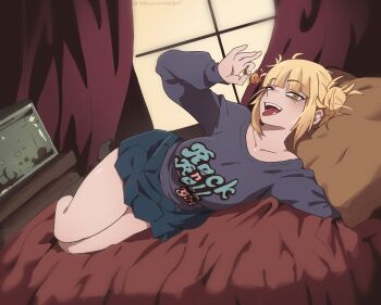 1girl absurdres animal bags_under_eyes blonde_hair blunt_bangs boku_no_hero_academia clothes_writing collarbone commentary curtains dashi_(dashiart) double_bun english_commentary english_text fish fish_tank grey_shirt hair_bun head_on_pillow highres holding holding_animal holding_fish kneehighs long_sleeves lying messy_hair miniskirt no_shoes on_bed on_side open_mouth pillow shirt skirt socks solo thighs toga_himiko tongue tongue_out window yellow_eyes