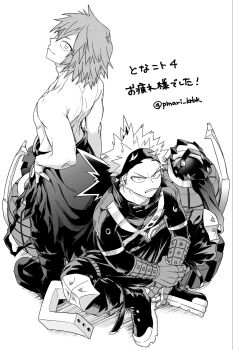 Rule 34 | 2boys, bakugou katsuki, boku no hero academia, closed mouth, commentary request, eye mask, hair down, highres, kirishima eijiro, knee pads, looking at viewer, looking back, male focus, mask, mask on head, multiple boys, short hair, simple background, sitting, spiked hair, standing, superhero costume, topless male, translation request, tsukota, twitter username, white background