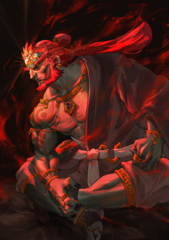 1boy absurdres beard black_eyes black_nails clenched_hand closed_mouth collarbone colored_skin commentary dark_background facial_hair full_body ganondorf grey_robe grey_skin hachiman_(rogeri39) highres jewelry long_hair male_focus multiple_rings muscular muscular_male necklace nintendo nose red_hair ring robe sitting solo the_legend_of_zelda the_legend_of_zelda:_tears_of_the_kingdom
