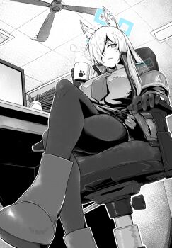 1girl akaimame animal_ear_fluff animal_ears armband blue_archive blue_eyes blue_halo boots ceiling_fan coffee_mug crossed_legs cup dog_ears dog_girl extra_ears gloves hair_over_one_eye halo holding holding_cup indoors jacket kanna_(blue_archive) long_hair long_sleeves miniskirt mug necktie notched_ear open_clothes open_jacket pantyhose pencil_skirt police police_uniform policewoman sharp_teeth sitting skirt solo spot_color teeth