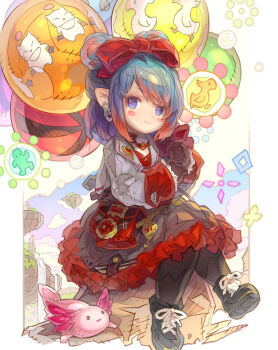 1girl axolotl balloon black_boots black_gloves black_pantyhose black_skirt blue_eyes blue_hair boots bow chocobo closed_mouth commentary_request final_fantasy final_fantasy_xiv frilled_skirt frills gloves grey_jacket hair_bow haku_(sabosoda) highres jacket lace-up_boots lalafell long_sleeves moogle multicolored_hair open_clothes open_jacket pantyhose pointy_ears red_bow red_hair red_shirt sabotender shirt skirt smile solo streaked_hair