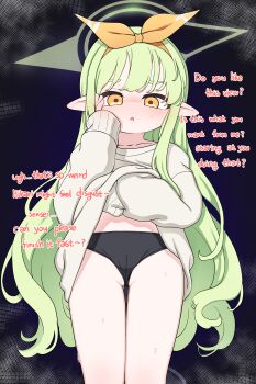 1girl absurdres bad_tag black_panties blue_archive blush cameltoe clothes_lift cowboy_shot dove_pixie english_text flat_chest green_hair hairband halo highres hikari_(blue_archive) hikari_(mom&#039;s_touch)_(blue_archive) legs lifting_own_clothes loli long_hair nipples panties pointy_ears solo standing stomach sweater sweater_lift thighs underwear yellow_eyes