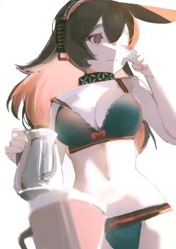 1girl absurdres alternate_costume animal_ears april_(arknights) arknights black_bra black_panties bra brown_hair coffee_pot cup headphones highres infection_monitor_(arknights) long_hair morning navel one_eye_closed panties rabbit_ears rubbing_eyes tanuka_(tnk0150) underwear