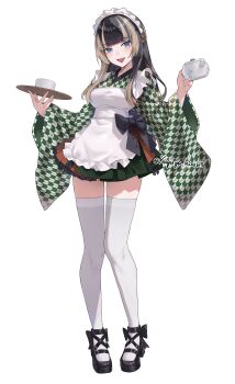 1girl :d alternate_costume apron black_hair black_shoes blue_eyes blunt_bangs bow breasts commentary_request frilled_apron frills full_body green_kimono green_skirt grey_hair highres hime_cut holding holding_teapot holding_tray hololive hololive_dev_is japanese_clothes juufuutei_raden kaguya_(srx61800) kimono long_hair long_sleeves looking_at_viewer maid maid_apron maid_headdress medium_breasts miniskirt multicolored_hair open_mouth pleated_skirt shoes sidelocks simple_background skirt smile solo standing straight_hair streaked_hair tachi-e teapot thighhighs tray two-tone_hair virtual_youtuber wa_maid waist_bow white_apron white_background wide_sleeves
