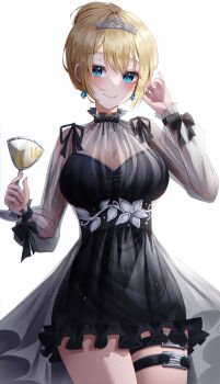 1girl absurdres black_dress blonde_hair blue_eyes blush breasts cleavage commentary cup diamond_earrings dress earrings highres holding holding_cup hololive hololive_english jewelry kim_leeyoon large_breasts looking_at_viewer multiple_thigh_straps official_alternate_hair_length official_alternate_hairstyle see-through_cleavage see-through_clothes see-through_dress see-through_sleeves short_dress smile solo symbol-only_commentary thigh_strap tiara virtual_youtuber watson_amelia watson_amelia_(party_dress)