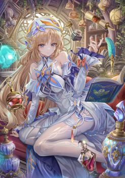 1girl armpit_crease bare_shoulders beret blonde_hair book breasts commentary_request couch cross-shaped_pupils detached_sleeves dress facial_mark floating floating_object forehead_mark genshin_impact grey_eyes hat highres indoors inkwell large_breasts long_hair nicole_(genshin_impact) on_couch open_book pantyhose picture_frame pointy_ears quill scroll seelie_(genshin_impact) sitting smile solo star_(symbol) star_facial_mark symbol-shaped_pupils torino_aqua white_dress white_hat white_pantyhose white_sleeves yokozuwari