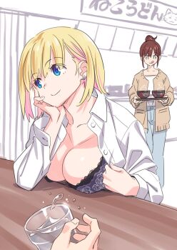 Rule 34 | 1other, 2girls, :q, arm rest, black bra, blonde hair, blue eyes, bowl, bra, breast rest, breasts, brown hair, brown jacket, chinatsu (suzutsuki kurara), collarbone, collared shirt, commentary, denim, earrings, flashing, hair up, hand on own face, highres, hijiri muroya (suzutsuki kurara), holding, holding tray, jacket, jeans, jewelry, lace, lace bra, large breasts, looking at food, looking to the side, multiple girls, oppai challenge, original, pants, restaurant, shirt, short hair, sidelocks, smile, spilling, steaming food, stud earrings, suzutsuki kurara, tongue, tongue out, translated, tray, underwear, walking towards viewer, white shirt