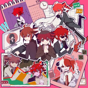 +++ 6+girls absurdres ahoge angry animal_ears aqua_necktie ataman_ita_(synthesizer_v) black_hair black_jacket black_necktie blister_pack brown_jacket brown_shoes calendar_(object) chibi clenched_teeth clock closed_mouth collared_shirt computer_keyboard computer_mouse drill_hair flying_sweatdrops gloom_(expression) hataraite_mo_(synthesizer_v) highres id_card inochi_mijikashi_koiseyo_otome_(utau) jacket jiu_(jiu076) kasane_teto kasane_teto_(sv) kasane_teto_(utau) lab_coat liar_dancer_(synthesizer_v) looking_at_viewer monitor mouse_ears multicolored_hair multiple_girls multiple_persona narenai_(synthesizer_v) necktie open_mouth outline own_hands_clasped own_hands_together paper red_eyes red_hair shirt shoes smile speech_bubble sunglasses sweatdrop synthesizer_v taihaiteki_jinsei_sanka_(utau) teeth tripping twin_drills two-tone_hair utau v wanderung_(synthesizer_v) waving white_hair white_outline white_shirt