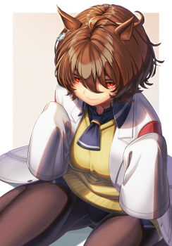 1girl agnes_tachyon_(tach-nology)_(umamusume) agnes_tachyon_(umamusume) ahoge animal_ears black_necktie black_pantyhose breasts brown_hair chemical_structure closed_mouth coat commentary_request creape earrings hair_between_eyes highres horse_ears horse_girl jewelry lab_coat long_sleeves medium_breasts necktie pantyhose red_eyes shirt short_necktie single_earring sleeves_past_fingers sleeves_past_wrists smile solo sweater sweater_vest tail umamusume white_coat wolf_cut yellow_sweater yellow_sweater_vest