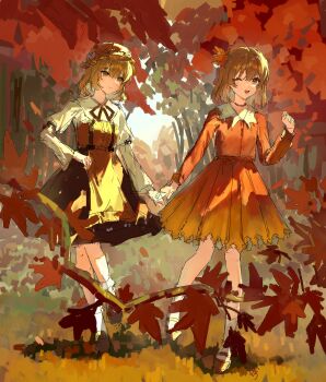 Rule 34 | 2girls, absurdres, aki minoriko, aki shizuha, apron, autumn leaves, black skirt, blonde hair, chinese commentary, collared shirt, commentary request, grape hat ornament, hair ornament, hat, highres, jin jin jin jin, kneehighs, leaf, leaf hair ornament, long sleeves, looking at viewer, maple leaf, multiple girls, one eye closed, open mouth, orange apron, orange hat, orange shirt, orange skirt, outdoors, shirt, siblings, sisters, sketch, skirt, smile, socks, touhou, white socks, yellow eyes, yellow shirt