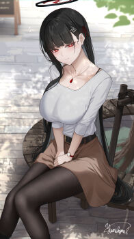 1girl absurdres alternate_costume belt bench black_belt black_hair black_halo black_pantyhose blue_archive blunt_bangs breasts bright_pupils brown_skirt closed_mouth commentary_request from_above hair_behind_ear hair_ornament hairclip halo head_tilt highres jewelry large_breasts leaf long_hair necklace outdoors own_hands_together pantyhose red_eyes rio_(blue_archive) shirt sign signature sitting skirt smile solo tree very_long_hair watch white_pupils white_shirt wooden_bench yamikyon