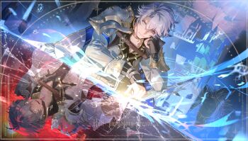 Rule 34 | 1boy, absurdres, armor, black gloves, blue eyes, castle, chinese commentary, closed mouth, coat, commentary request, different reflection, fingerless gloves, gloves, highres, honkai: star rail, honkai (series), male focus, multiple views, parted lips, pauldrons, phainon (honkai: star rail), reflection, short hair, shoulder armor, single pauldron, weishiji, white coat, white hair