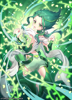 1girl 90kyuuri copyright_notice green_background green_eyes green_hair green_shoes green_shorts green_thighhighs high_heels looking_at_viewer medium_hair midoriko_(wixoss) multicolored_hair official_art open_mouth shoes shorts solo spiked_hair streaked_hair thighhighs wixoss