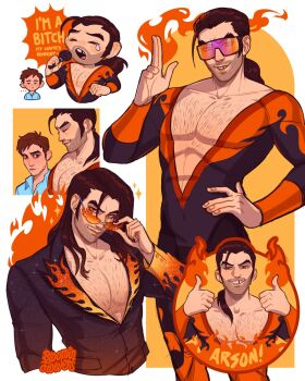 2boys artist_name bloominflowers broken_tooth chest_hair chibi collarbone commentary dispatch english_commentary english_text fire flambae_(dispatch) grin highres looking_at_another looking_at_viewer male_focus meme multiple_boys multiple_views muscular muscular_male pectoral_cleavage pectorals ponytail robert_robertson smile speech_bubble superhero_costume