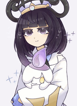 1girl absurdres black_hair blue_gloves blunt_bangs bob_cut closed_mouth coat commentary_request eyelashes gen_5_pokemon gloves gradient_hair gwynn_(pokemon) hat heart highres holding holding_pokemon litwick long_sleeves looking_at_viewer multicolored_hair nintendo partially_fingerless_gloves pokemon pokemon_(creature) pokemon_legends:_z-a purple_eyes purple_hair short_hair suzu_(pixiv_32232702) upper_body white_coat white_hat