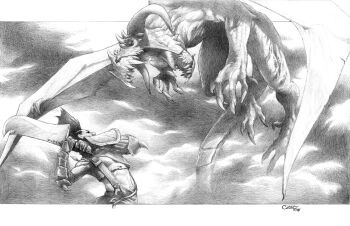 1girl 2018 artist_name commentary cropped_shirt dragon english_commentary fantasy gloves graphite_(medium) highres holding holding_sword holding_weapon horns long_sleeves looking_down midriff mohawk navel open_mouth original skirt sky sumo0172 suspenders sword traditional_media weapon