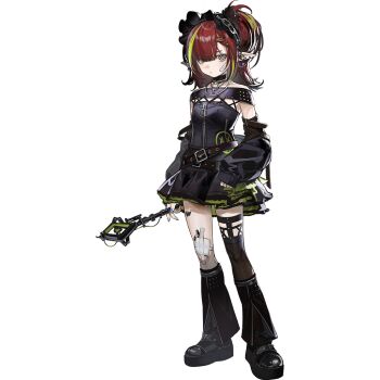 1girl arknights arm_belt arm_warmers bandaid bandaid_on_cheek bandaid_on_face belt black_arm_warmers black_choker black_hairband black_leg_warmers black_shirt black_shoes black_skirt black_theme black_thighhighs blue_nails braid braided_bangs brown_belt choker closed_mouth ear_piercing full_body gauze_on_knee gothic_punk green_hair green_skirt hairband half_updo holding holding_wand leg_warmers legwear_garter light_blush lolita_hairband long_bangs looking_at_viewer material_growth medium_hair multicolored_hair off-shoulder_shirt off_shoulder official_art oripathy_lesion_(arknights) over-kneehighs piercing platform_shoes pointy_ears red_hair shirt shoes shui_di_yu_bu_lei_shao simple_background single_legwear_garter single_over-kneehigh single_thighhigh skirt solo standing streaked_hair tachi-e tecno_(arknights) thighhighs third-party_source transparent_background two-sided_fabric two-sided_skirt two-tone_hair two-tone_skirt wand