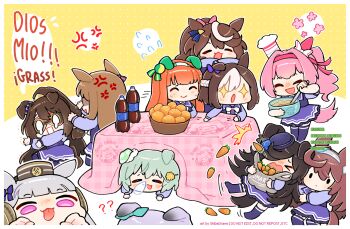 >_< +_+ 0_0 6+girls ? ?? anger_vein animal_ears aqua_bow blue_flower blue_rose blunt_bangs blush bow bowl bowtie breasts brown_hair brown_hat carrot chef_hat closed_eyes closed_mouth domino_mask ear_bow ear_covers ear_ornament ear_ribbon el_condor_pasa_(umamusume) eye_mask falling flipped_hair flower food fruit gold_ship_(umamusume) grass_wonder_(umamusume) grey_hair grey_hairband hair_between_eyes hair_flower hair_ornament hair_over_one_eye hairband hairclip happy_new_year haru_urara_(umamusume) hat hat_flower headband high_ponytail highres hime_cut horse_ears horse_girl horse_tail kotatsu long_hair long_sleeves looking_at_viewer mandarin_orange mask mejiro_mcqueen_(umamusume) mihono_bourbon_(umamusume) mixing_bowl multicolored_hair multiple_girls new_year nose_bubble open_mouth orange_hair pillbox_hat pink_hair pink_headband pleated_skirt ponytail purple_bow purple_eyes purple_hair purple_sailor_collar purple_serafuku purple_shirt purple_skirt purple_thighhighs red_headband rice_shower_(umamusume) rose sailor_collar sailor_shirt school_uniform seiun_sky_(umamusume) serafuku shibedraws shirt short_hair silence_suzuka_(umamusume) silver_hairband single_ear_cover skirt sleeping smile solid_oval_eyes special_week_(umamusume) speech_bubble streaked_hair sunflower sunflower_hair_ornament table tail thighhighs tilted_headwear tokai_teio_(umamusume) tongue tongue_out tracen_school_uniform tripping two-tone_hair umamusume under_kotatsu under_table white_bow white_bowtie white_hair white_hairband