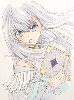 1girl book chika_1 circlet dress dutch_angle fire_emblem fire_emblem:_genealogy_of_the_holy_war floating_hair gold_circlet hair_between_eyes highres holding holding_book julia_(fire_emblem) long_hair long_sleeves looking_at_viewer naga_(fire_emblem) nintendo off_shoulder open_mouth portrait purple_dress purple_eyes purple_hair sidelocks solo traditional_media twitter_username v-shaped_eyebrows white_background