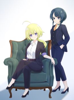 Rule 34 | >:), 2girls, ahoge, aizawa kazuha, amano soraha, arm rest, armchair, assault lily, belt, belt buckle, black jacket, black pants, black shoes, black vest, blonde hair, blue eyes, blue hair, blue jacket, blue pants, blue shoes, brown belt, buckle, chair, closed mouth, collared shirt, commentary request, commission, crossed legs, formal clothes, full body, gradient background, grey background, hand in pocket, hand on own knee, high heels, highres, jacket, light blush, long hair, long sleeves, looking at viewer, low ponytail, multiple girls, necktie, on chair, open clothes, open jacket, orange necktie, pant suit, pants, piatin, ponytail, pumps, purple eyes, shirt, shirt tucked in, shoes, short hair, short sleeves, sitting, skeb commission, sleeves pushed up, smile, standing, suit, v-shaped eyebrows, vest