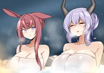 2girls absurdres animal_ears arknights bathing black_horns blush breasts cleavage closed_eyes closed_mouth collarbone commentary_request commission highres horns huge_breasts large_breasts long_hair looking_at_viewer multiple_girls onsen open_mouth partial_commentary purple_eyes purple_hair ray_(arknights) red_hair relaxing same-sex_bathing shared_bathing single_ear_down skeb_commission smile split_mouth steam towel typhon_(arknights) upper_body xibu_cai