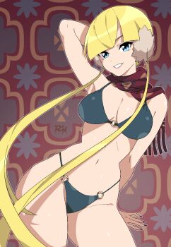 1girl arm_behind_back arm_up bikini black_bikini blonde_hair blue_eyes breasts cleavage contrapposto elesa_(palentine&#039;s_2023)_(pokemon) elesa_(pokemon) grin highres long_hair looking_at_viewer low_twintails medium_breasts navel nintendo parted_lips pokemon pokemon_masters_ex r3dfive red_background scarf smile solo stomach swimsuit twintails very_long_hair