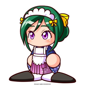 1girl akehoshi_setsuka apron artist_request black_shoes commentary_request copyright_notice green_hair hair_bun hair_ribbon hakama hakama_skirt japanese_clothes jikkyou_powerful_pro_yakyuu jikkyou_powerful_pro_yakyuu_(style) maid_headdress multicolored_shoes no_mouth official_art power_pro_appli purple_eyes rayman_limbs ribbon shoes single_hair_bun skirt solo two-tone_shoes white_apron white_background white_shoes yellow_ribbon