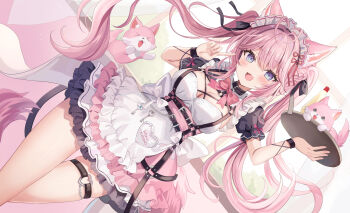 1girl animal_ear_fluff animal_ears apron belt belt_collar black_belt blush bow breasts cleavage collar commentary_request dress floating_hair hair_ribbon hakui_koyori heart heart_o-ring highres hololive long_hair looking_at_viewer maid maid_apron o-ring o-ring_thigh_strap open_mouth pink_bow pink_hair pointing pointing_at_self retsuto ribbon second-party_source short_sleeves smile solo tail thigh_strap thighs tray twintails very_long_hair virtual_youtuber white_apron wolf_ears wolf_girl wolf_tail