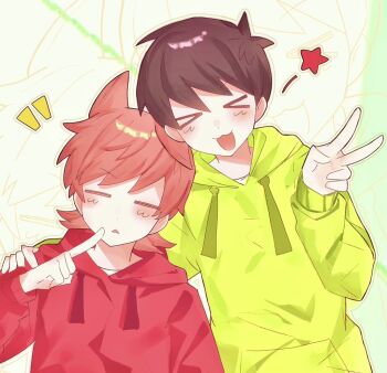 Rule 34 | > <, 2boys, :3, :d, :o, = =, animification, antenna hair, blush, brown hair, drawstring, edd (eddsworld), eddsworld, flipped hair, green hoodie, hair behind ear, hair ears, hand on another's shoulder, hand up, height difference, hood, hood down, hoodie, long sleeves, male focus, multiple boys, notice lines, open mouth, pointing, pointing at self, red hoodie, short hair, smile, star (symbol), tord (eddsworld), upper body, v, yunian77, zoom layer