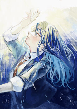 Rule 34 | 1girl, absurdres, arm up, blazer, bloom, blue eyes, blue hair, blush, collared shirt, commentary request, diagonal-striped clothes, diagonal-striped necktie, faux traditional media, from side, gradient background, grey jacket, highres, hoshino ichika (project sekai), jacket, long hair, long sidelocks, maaka 4441, necktie, profile, project sekai, red necktie, shading eyes, shirt, sidelocks, sleeves rolled up, smile, solo, squinting, striped clothes, sunlight, swept bangs, three-quarter sleeves, upper body, white shirt