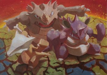 acrylic_paint_(medium) bone claws commentary_request crack fangs gang-bugs gen_1_pokemon holding holding_bone horns marowak nidoking nintendo no_humans nostrils open_mouth painting_(medium) pokemon pokemon_(creature) pokemon_focus rhydon sharp_teeth single_horn teeth traditional_media