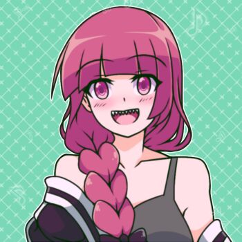 1girl blunt_bangs blush bocchi_the_rock! bow braid dress green_dress hair_bow hair_over_shoulder hiroi_kikuri jacket long_hair multicolored_jacket neferkitty open_mouth sharp_teeth simple_background single_braid smile solo teeth two-tone_jacket